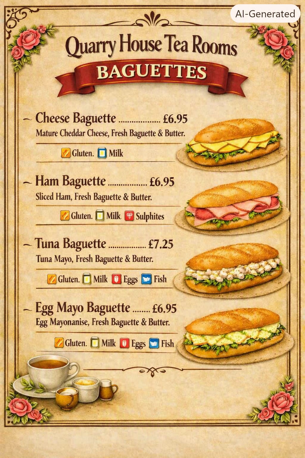 Quarry House Tea Room menu features four baguette options, vivid illustrations, allergen icons, and tea and coffee cups displayed below.