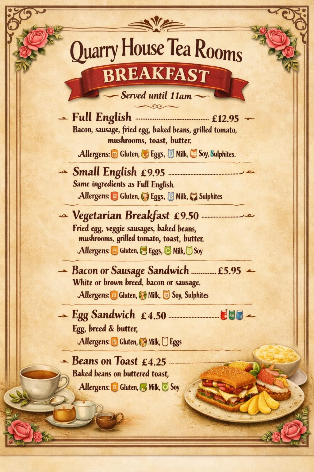 Vintage-style Quarry House Tea Room breakfast menu with food illustrations, Full English, veggie options, sandwiches, beans on toast, and prices.