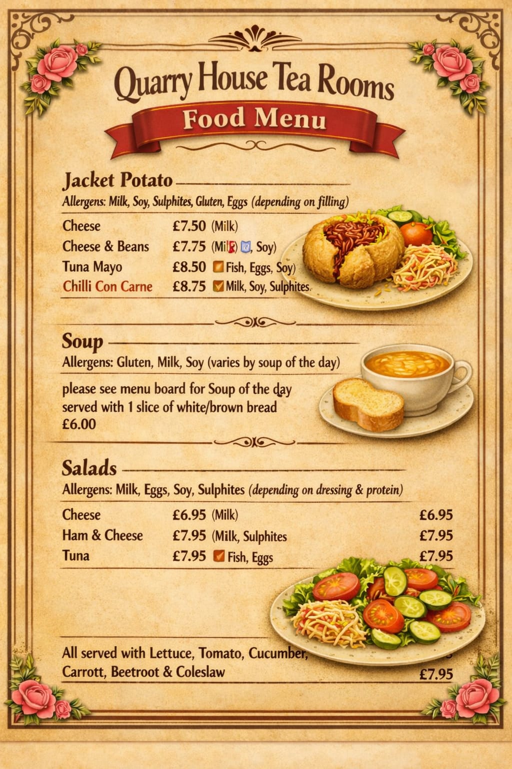 A vintage-style Quarry House Tea Room menu lists baked potatoes, soups, salads, prices, and allergens with roses and ornate borders.