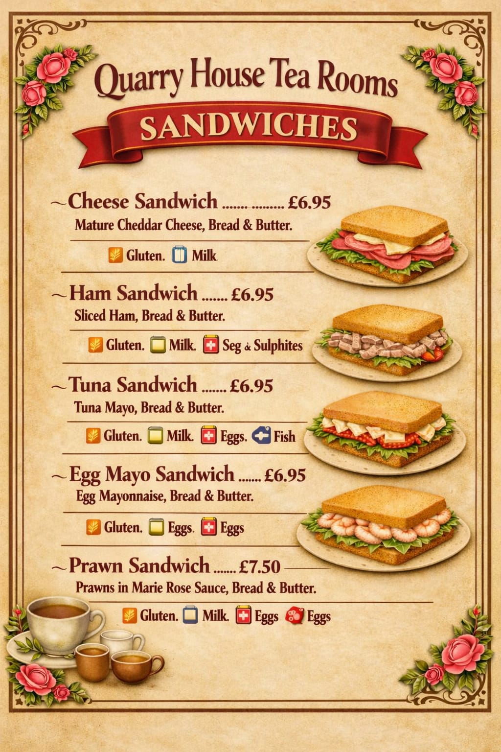 Vintage Quarry House Tea Room menu shows five sandwiches, ingredient lists, prices, allergy icons, rose borders, and tea cups.