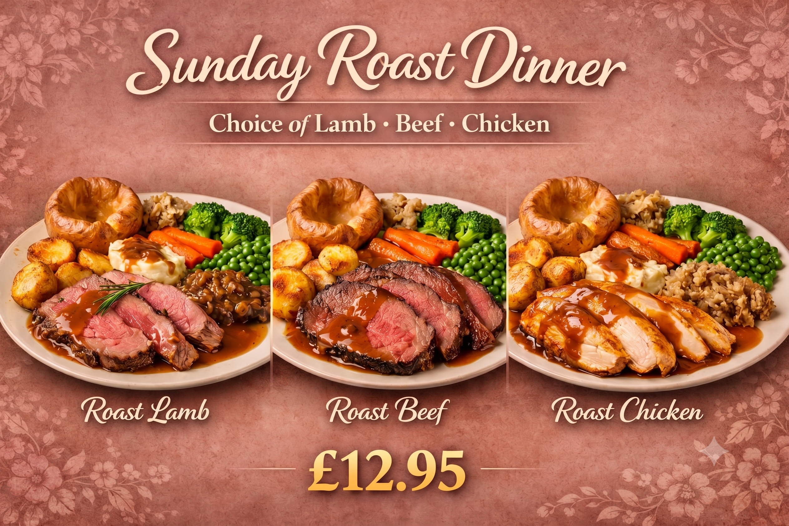 Three plates of Sunday roast at Quarry House Tea Room: lamb, beef, or chicken with all the trimmings. Only £12.95 each!.