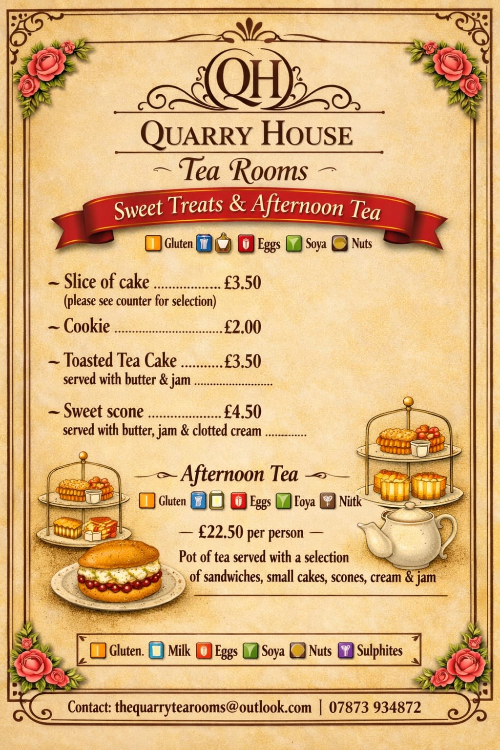 Discover the Quarry House Tea Room menu with sweet treats, afternoon tea, prices, allergy symbols, and vintage floral illustrations.