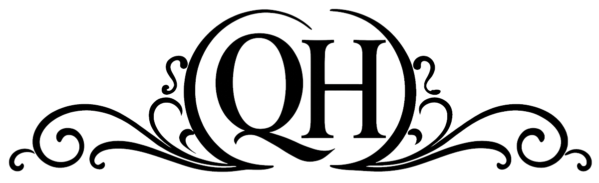 Black ornate swirl design with the bold letters QH in the centre, surrounded by decorative curves and flourishes.