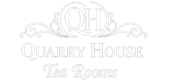 Elegant logo reading QH Quarry House Tea Rooms with decorative flourishes above and below the text.